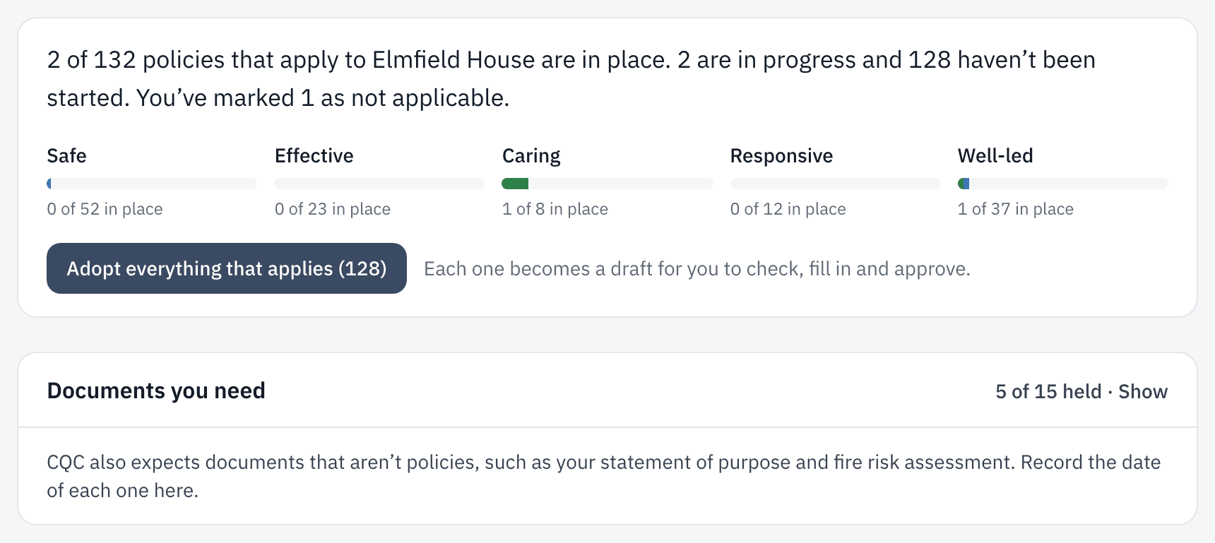 The policy library in a sample home: how many of the policies that apply are in place, by CQC key question, and on a phone, the policies a member of staff has to read and sign.