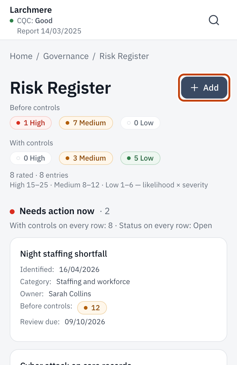 The Risk Register on a phone, with the Add button outlined.