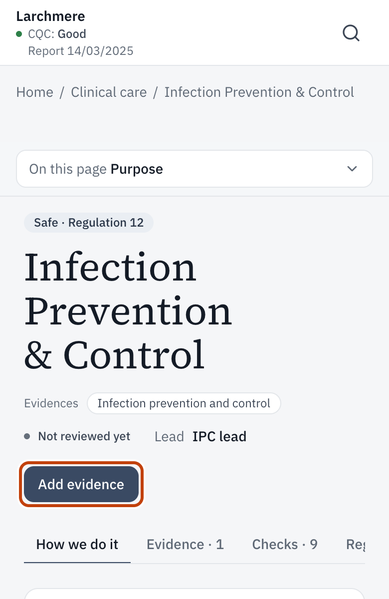 An evidence page, with its Add evidence button outlined.