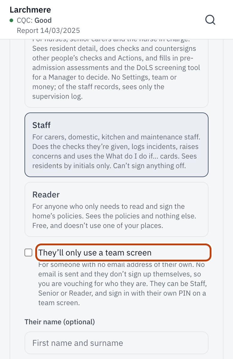 Invite a team member, with They’ll only use a team screen.