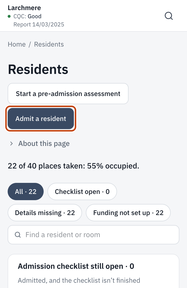 The Residents list, with Admit a resident at the top.