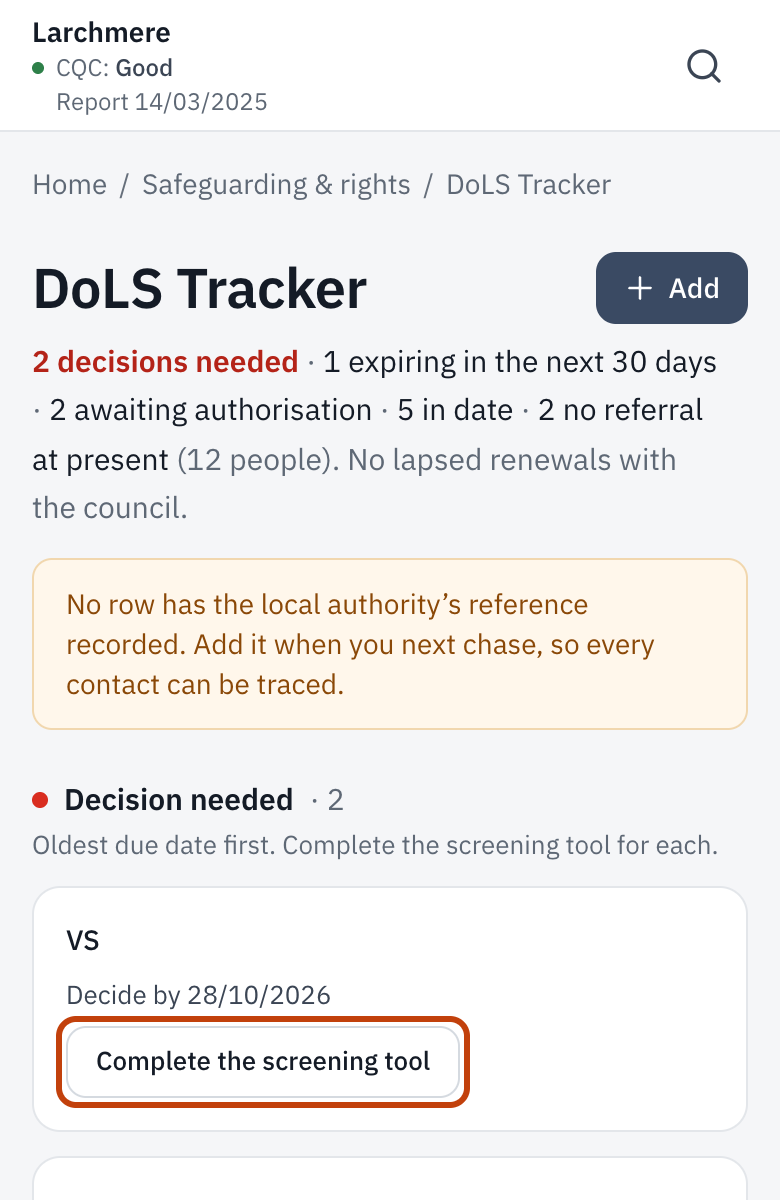 The DoLS Tracker, with Complete the screening tool on a row.