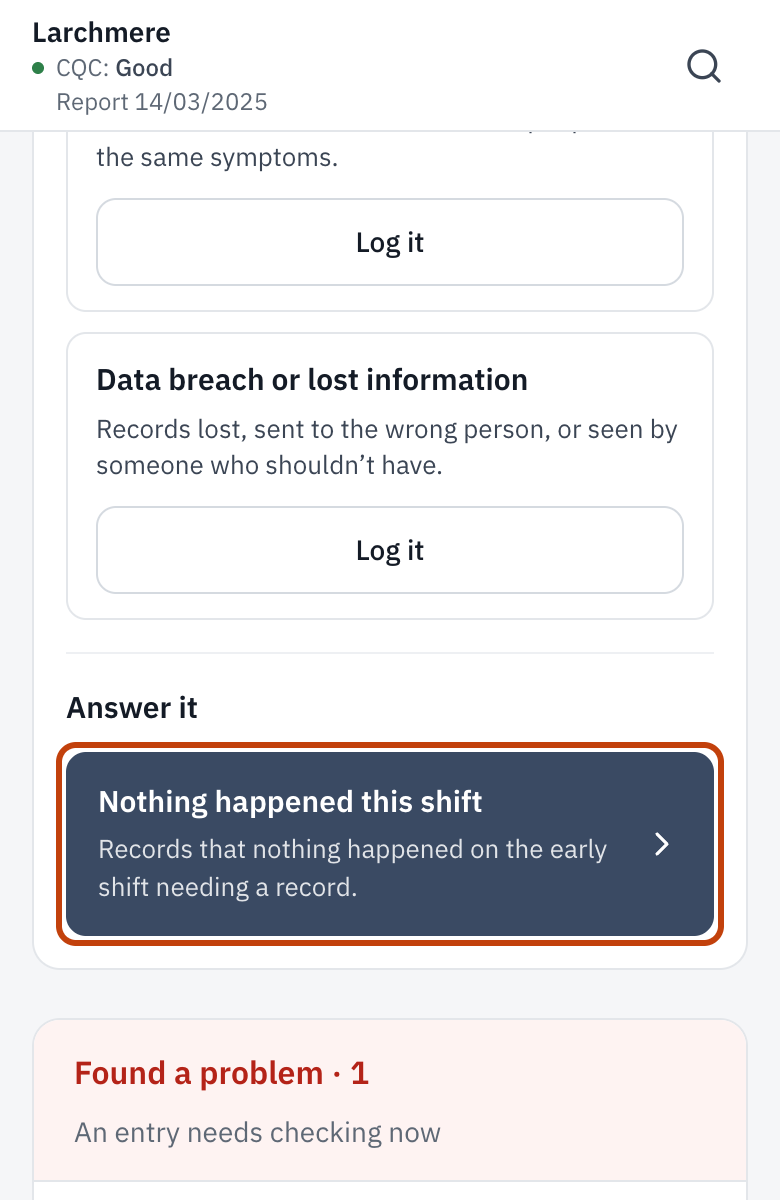 Anything to record? on Today, with a tile for each kind of event and the answer outlined.