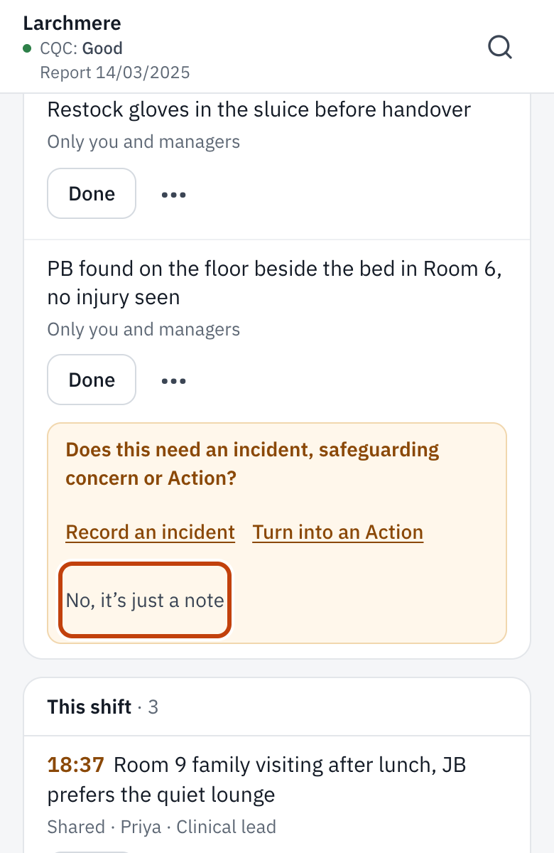 A note asking whether it needs an incident, safeguarding concern or Action.