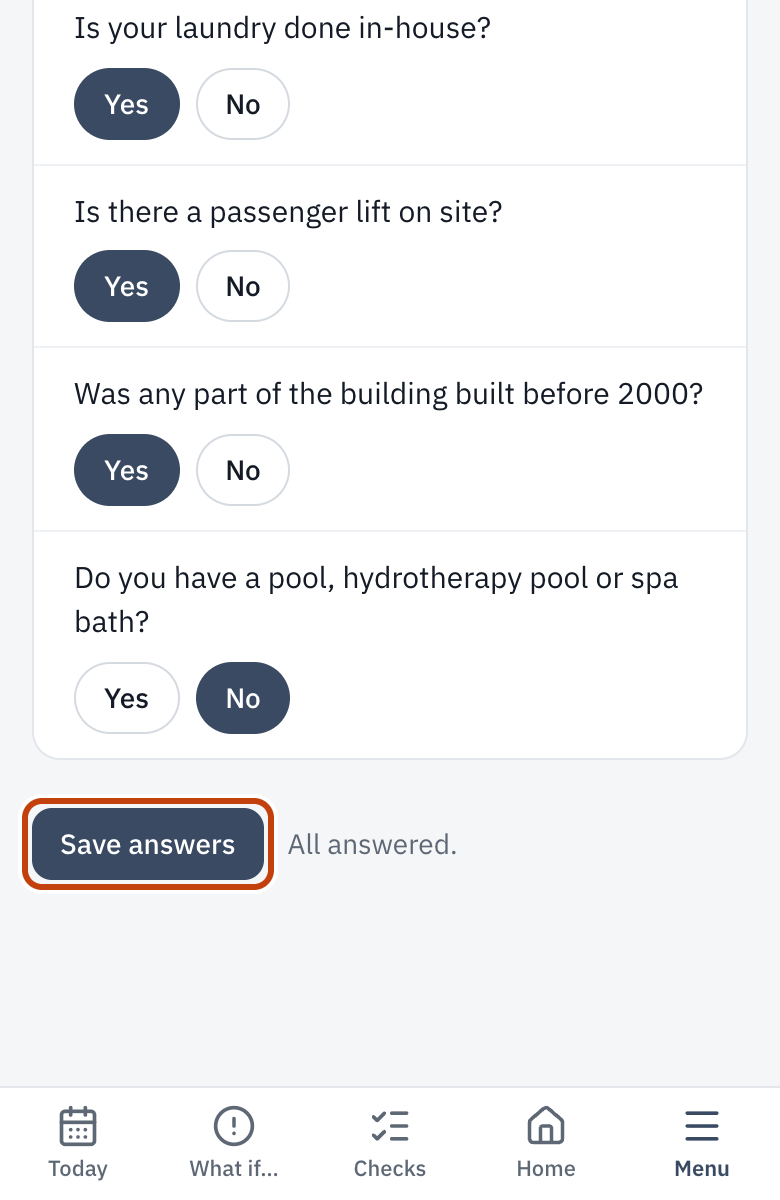 Your service: the questions, and Save answers.