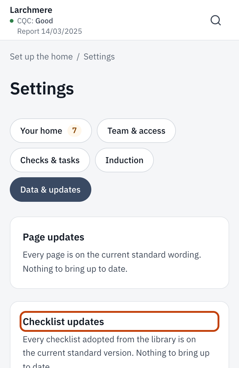 Settings, Data & updates, with Checklist updates outlined.