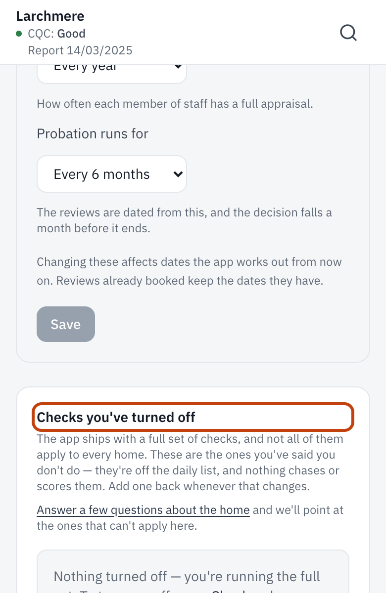 Settings, Checks & tasks, with Checks you’ve turned off outlined.