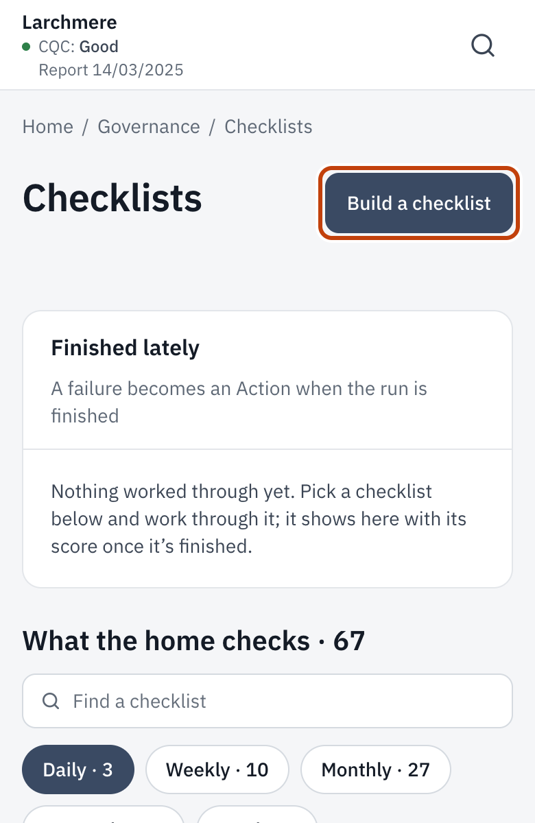 The Checklists page, with Build a checklist outlined.
