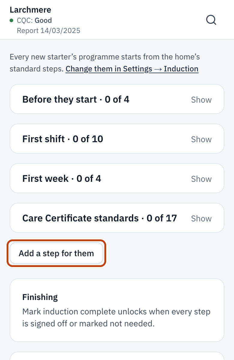 An induction programme, with Add a step for them.