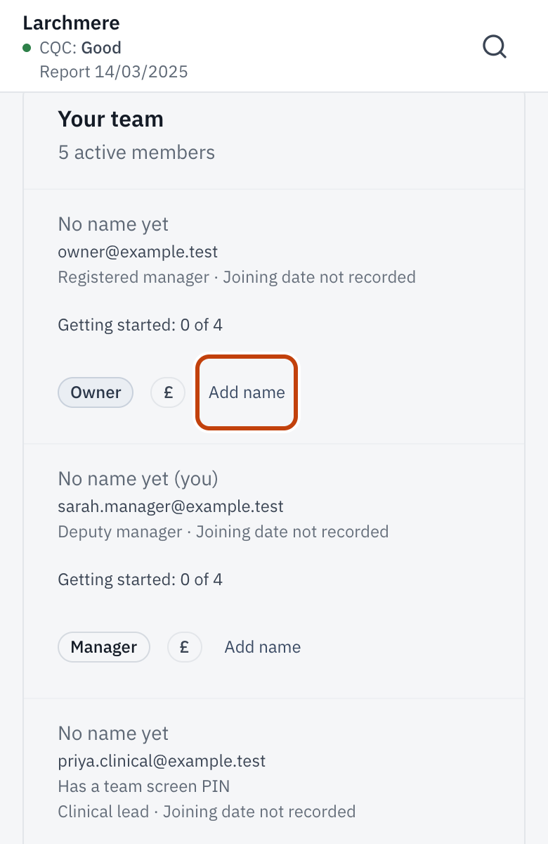 Your team in Team & access, with Add name beside each person (Change name once they have one).