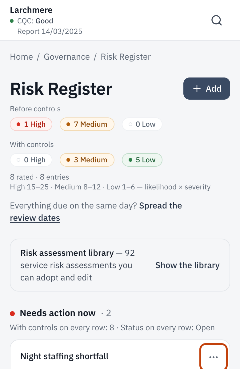 The Risk Register, with the ••• button on one risk outlined.
