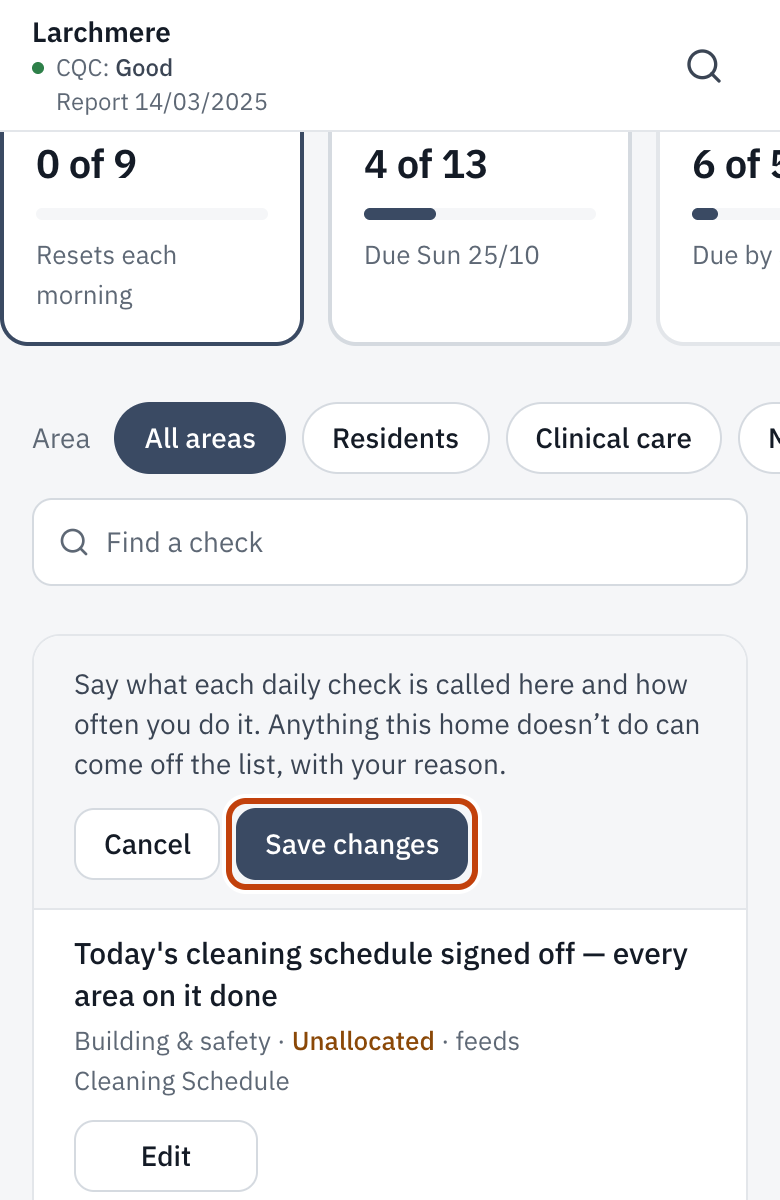 Checks in edit mode, with Save changes outlined.