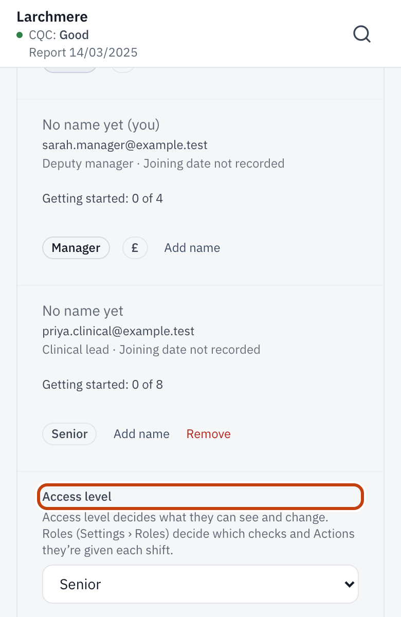 A Manager changing someone’s level: Staff, Senior or Reader.