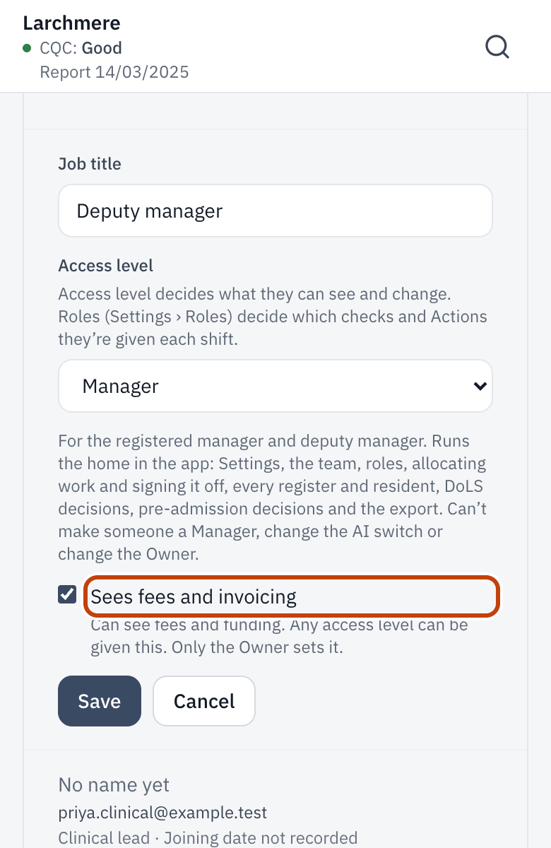 The Owner changing someone’s access level, job title and fee access.