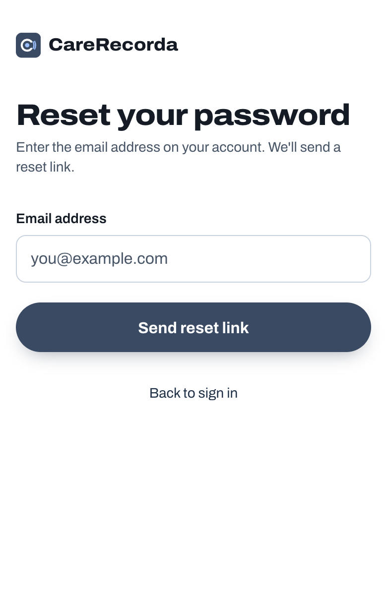 The Reset your password screen, with the email box and Send reset link.