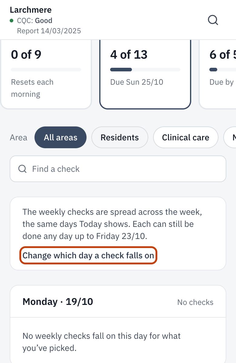 The weekly checks, with Change which day a check falls on outlined.