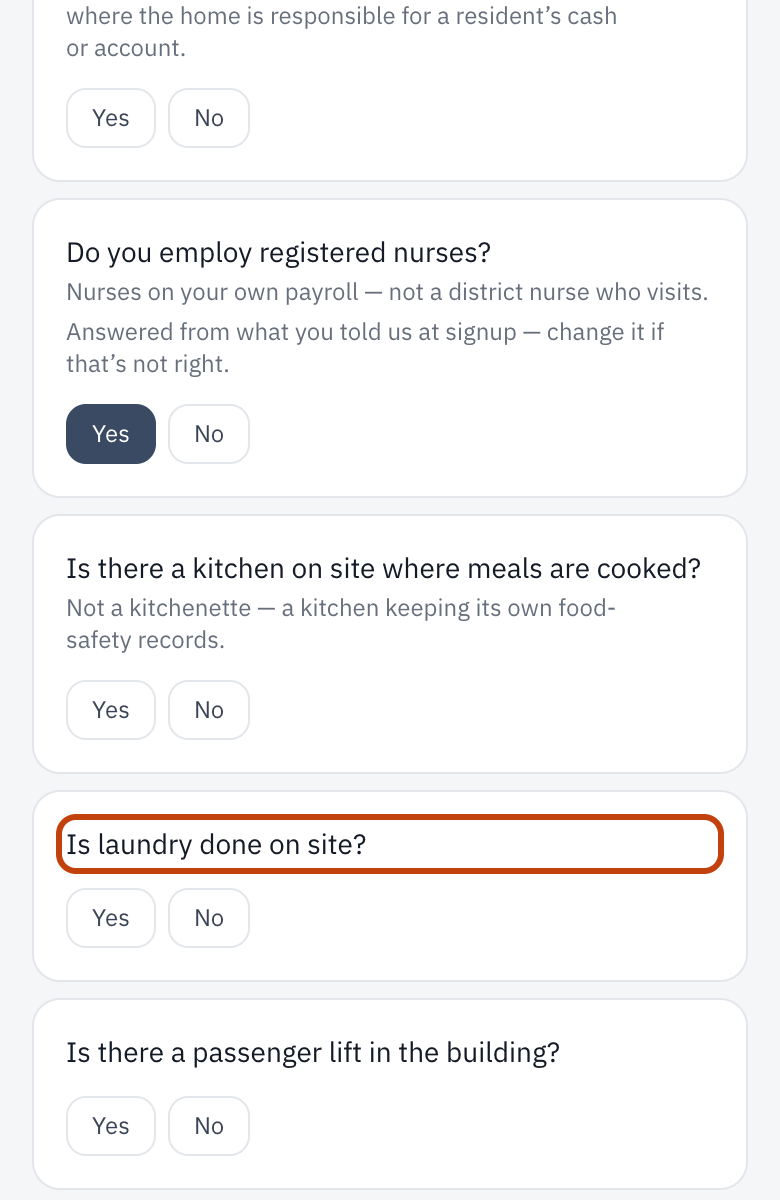 The setting-up questions, each with Yes and No.