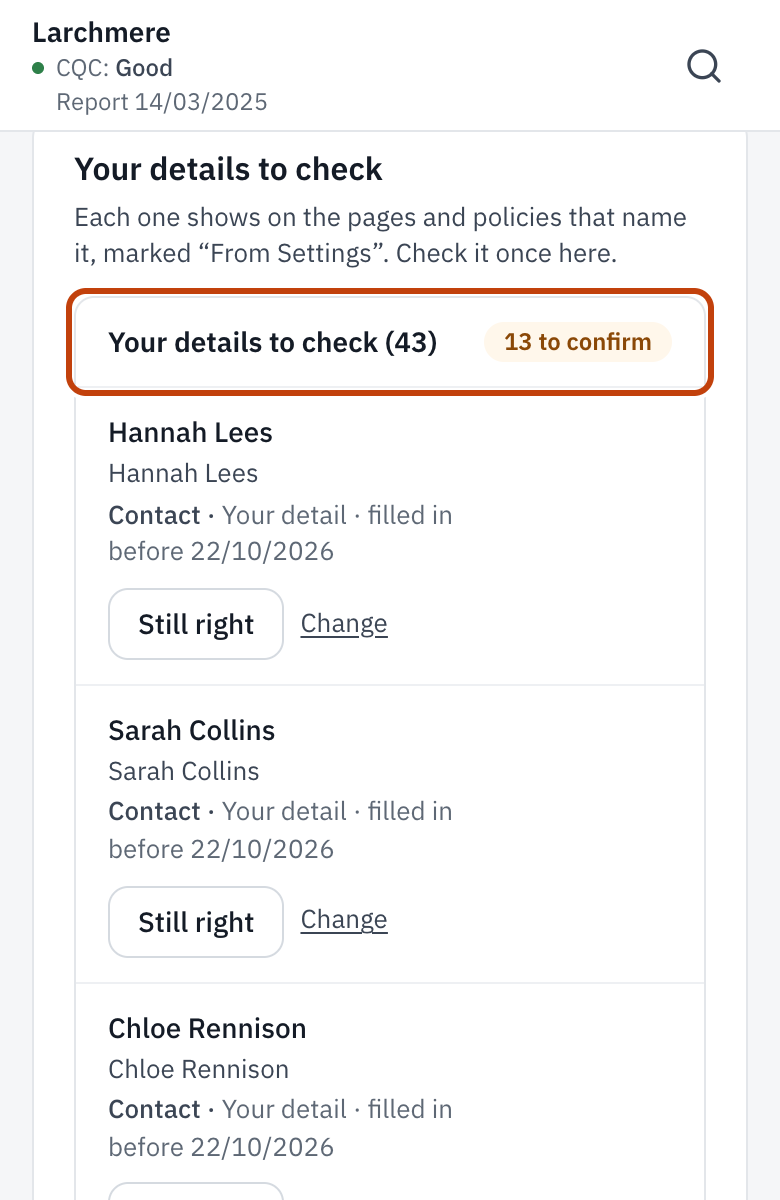 Settings, Your home, with Your details to check outlined.