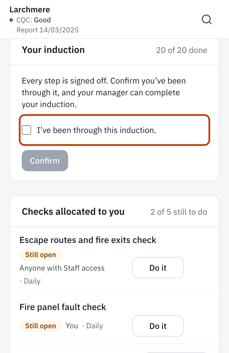 Your induction on Today, with every step done and Confirm.