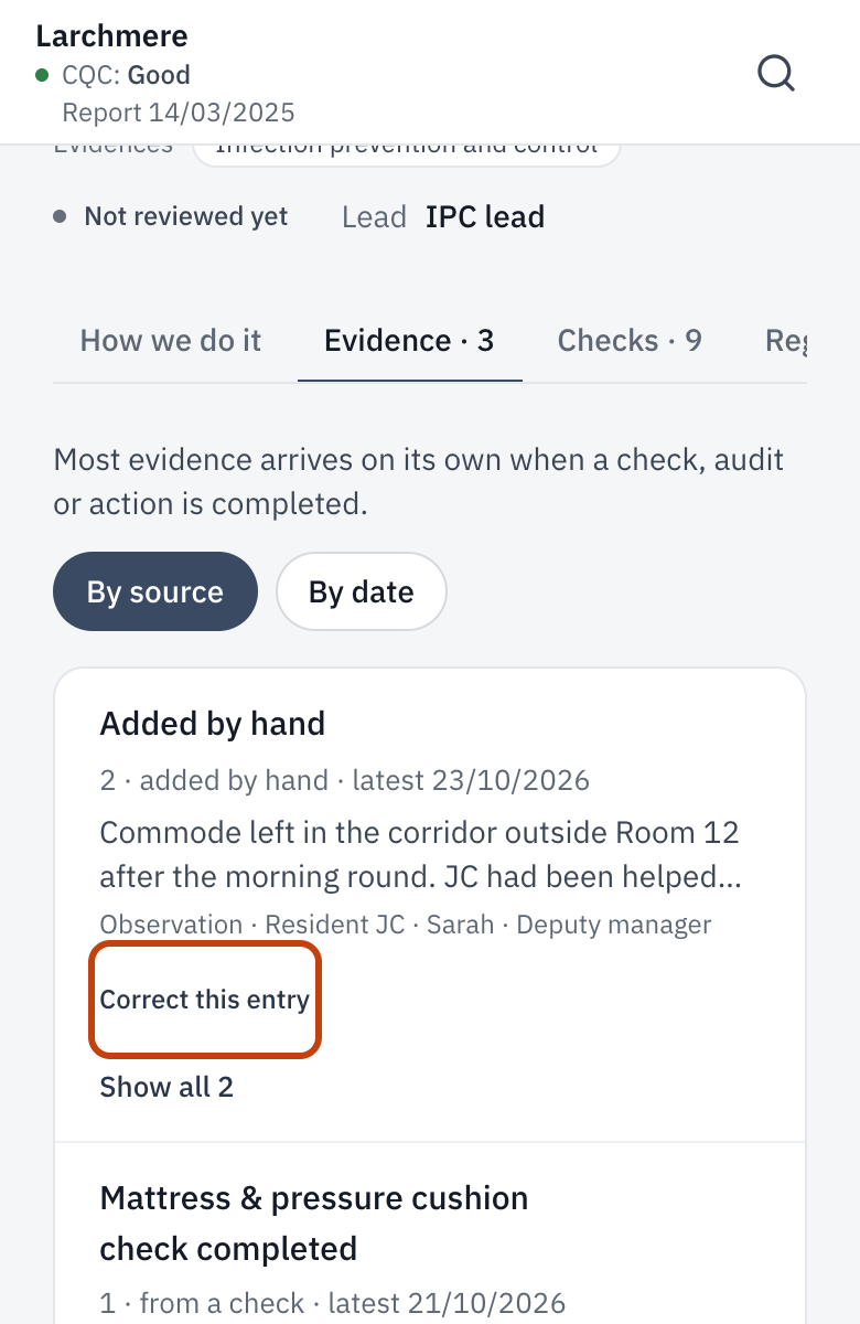 An evidence entry with Correct this entry outlined.