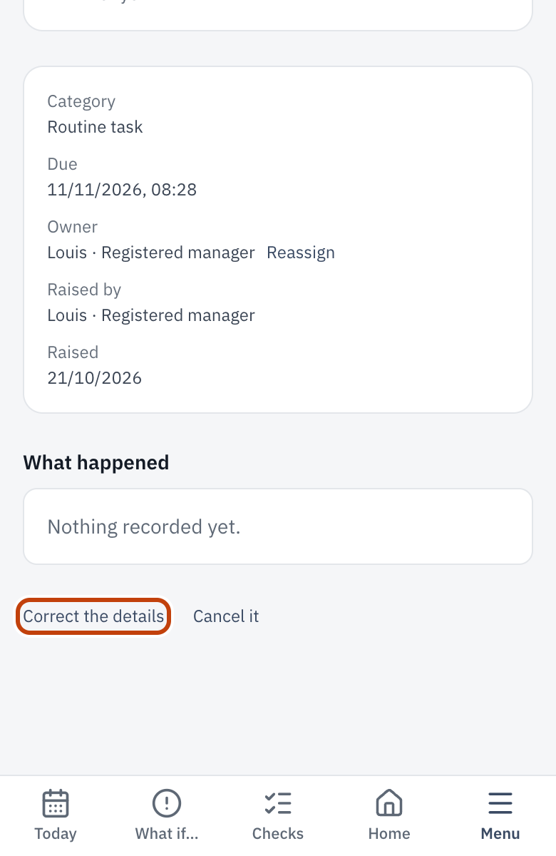 An open Action, with Correct the details and Cancel it.