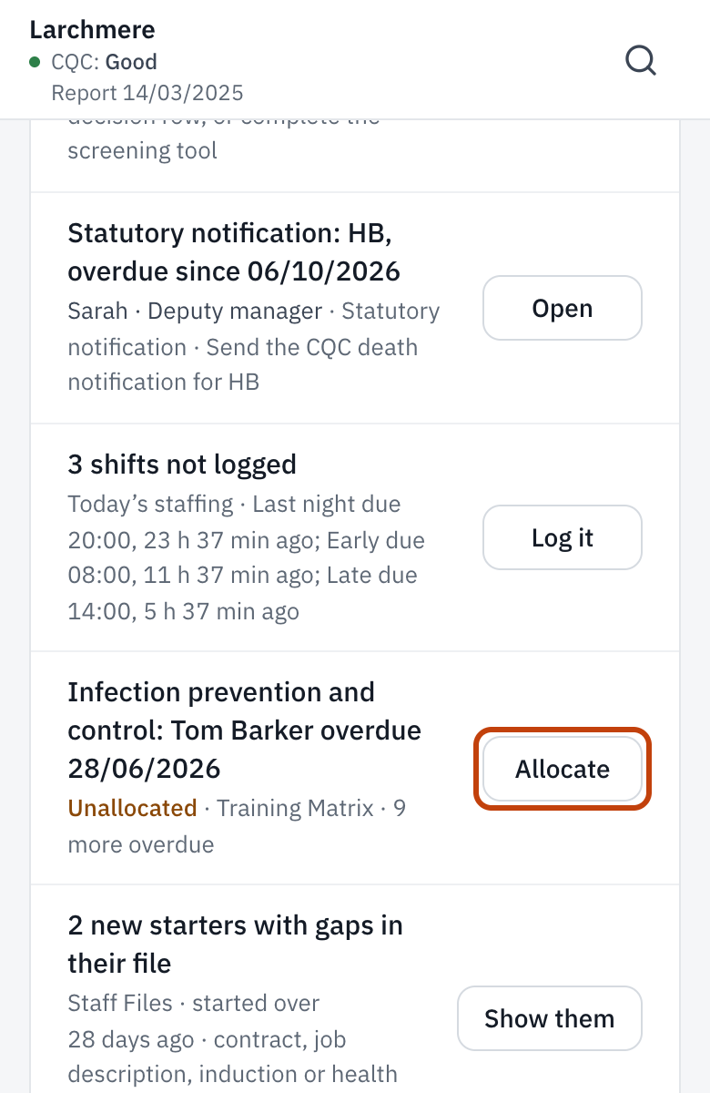 Act now on Today, with Allocate on an unowned line.