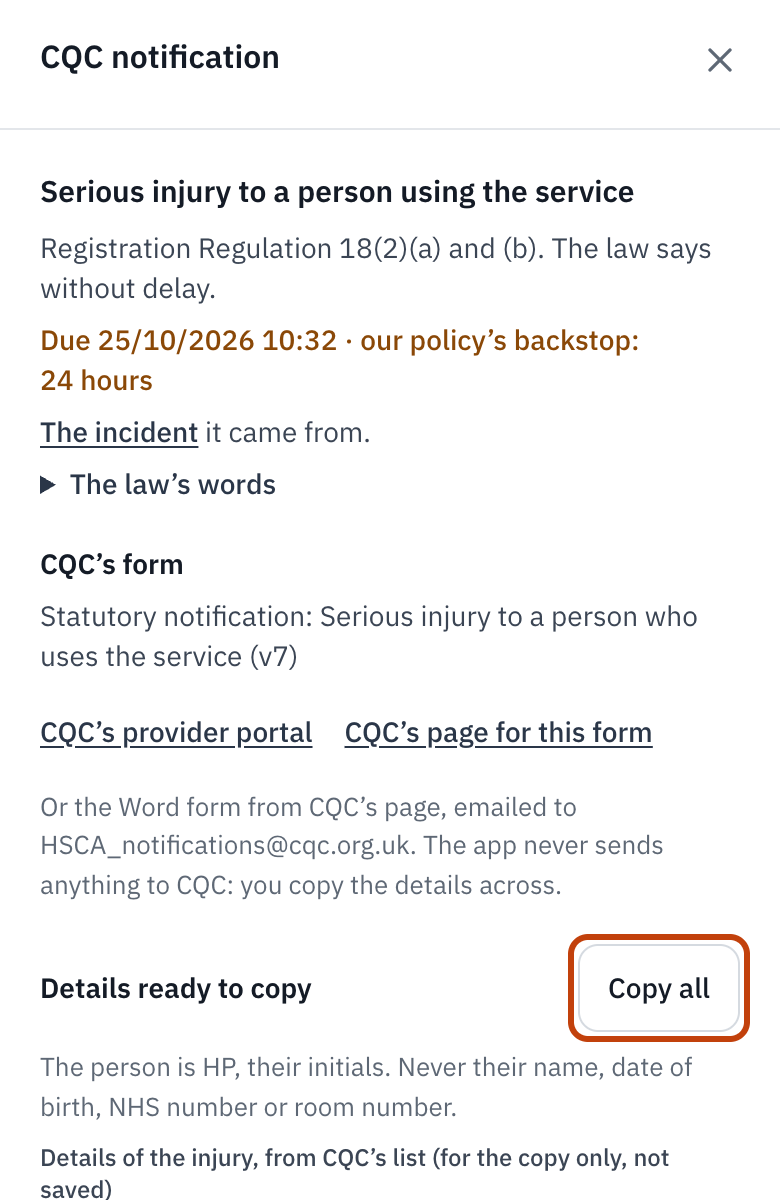 The notification panel, with its details ready to copy and Copy all outlined.