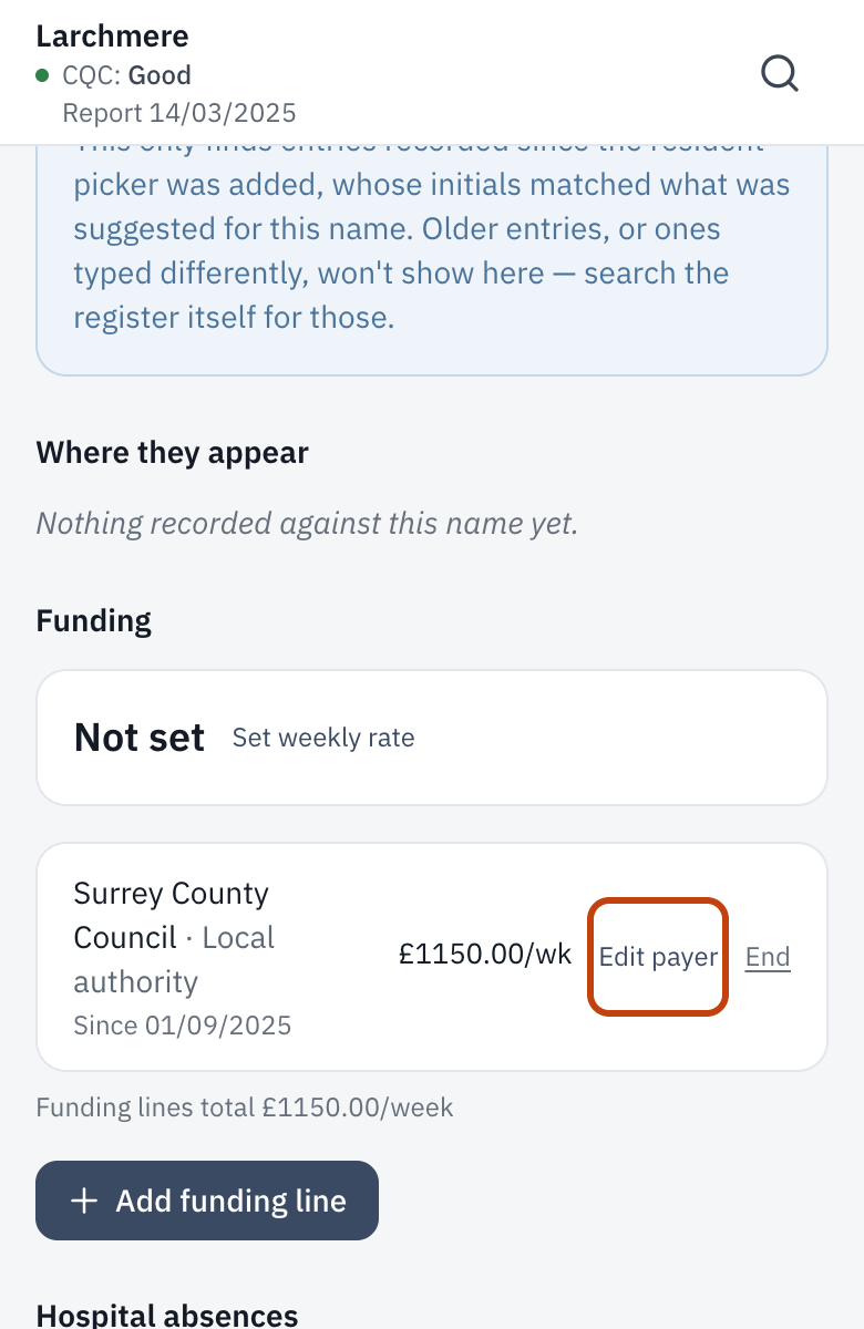 A funding line, with Edit payer beside the weekly amount.