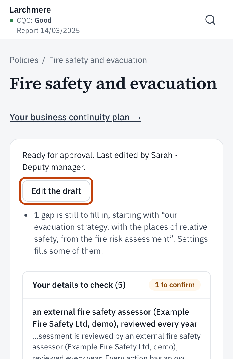 A draft policy, with Edit the draft.