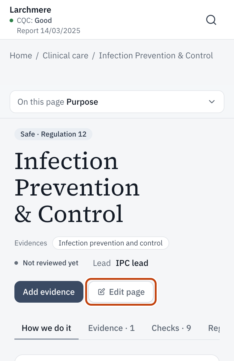 An evidence page, with Edit page outlined.