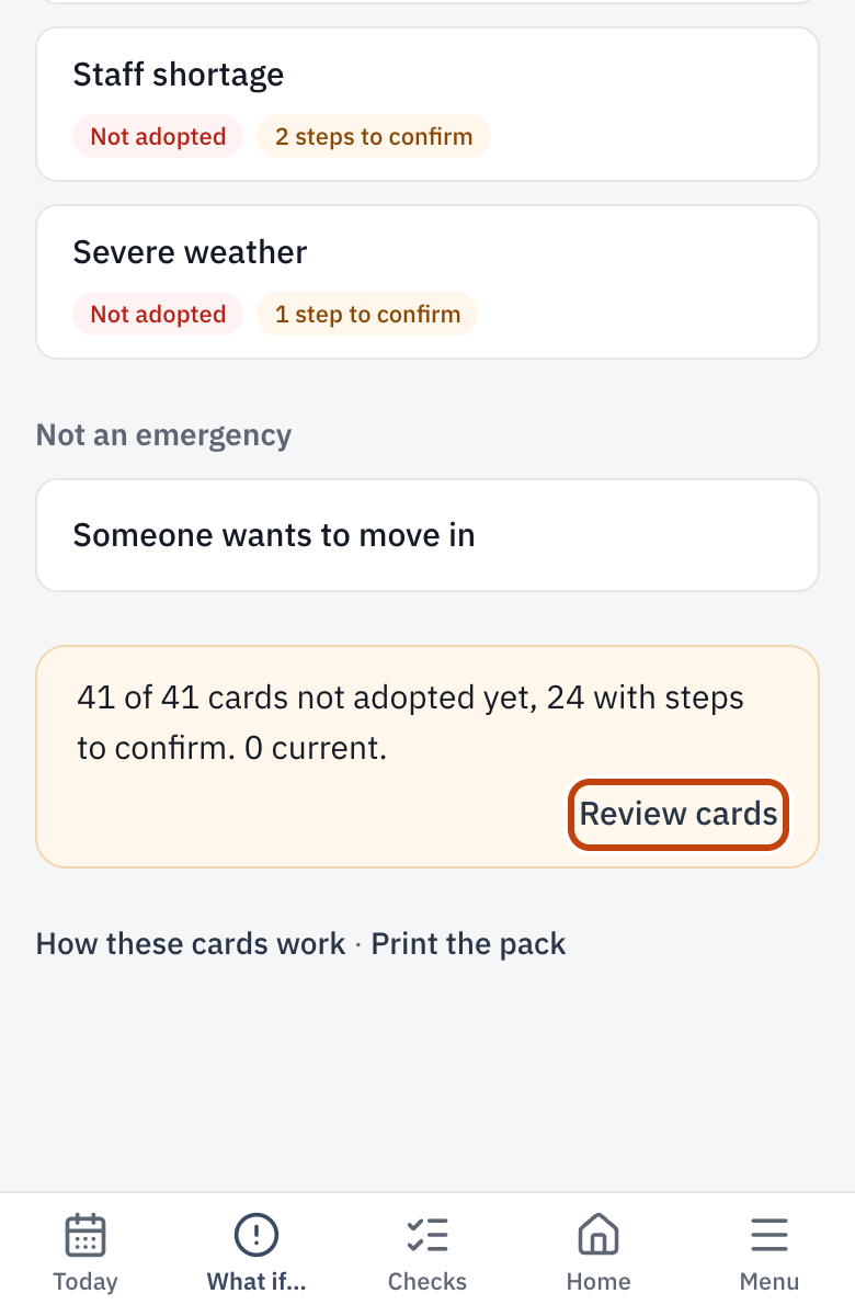 What do I do if…, with each card’s steps still to confirm and Review cards.