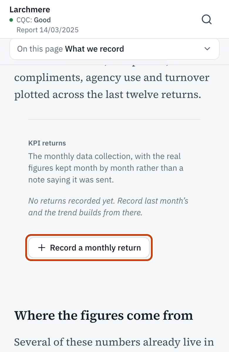The KPIs page, with Record a monthly return outlined.
