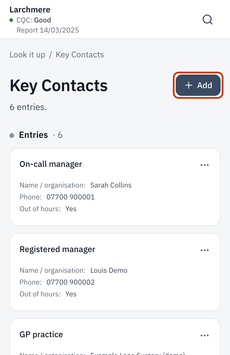 Key Contacts on a phone, with the Add button outlined.