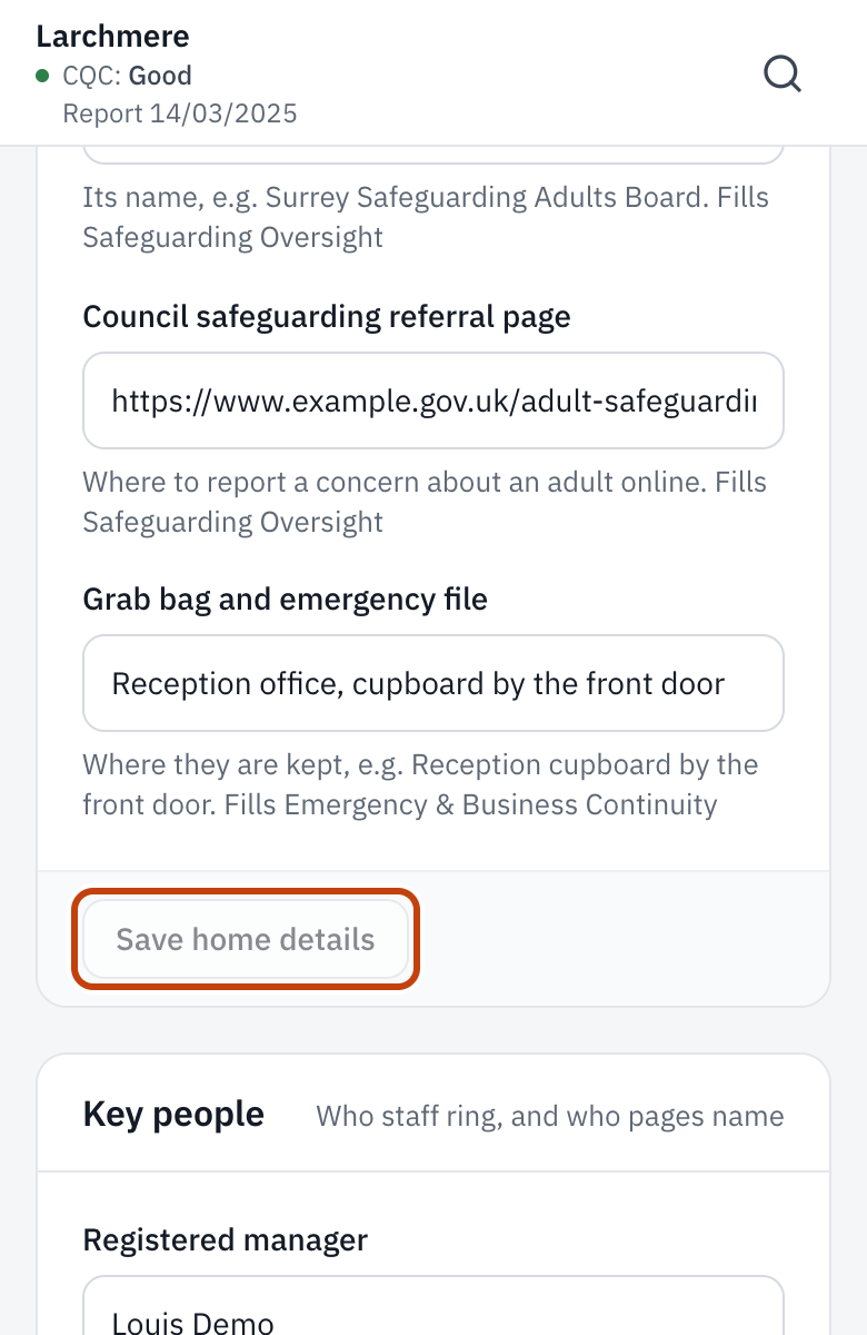 Settings, Your home: the home’s details and Save home details.