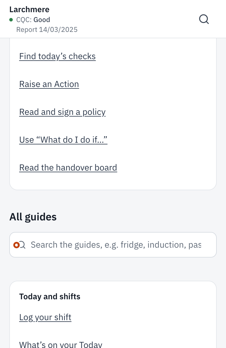 Guides, with the search box and the guides grouped by area.