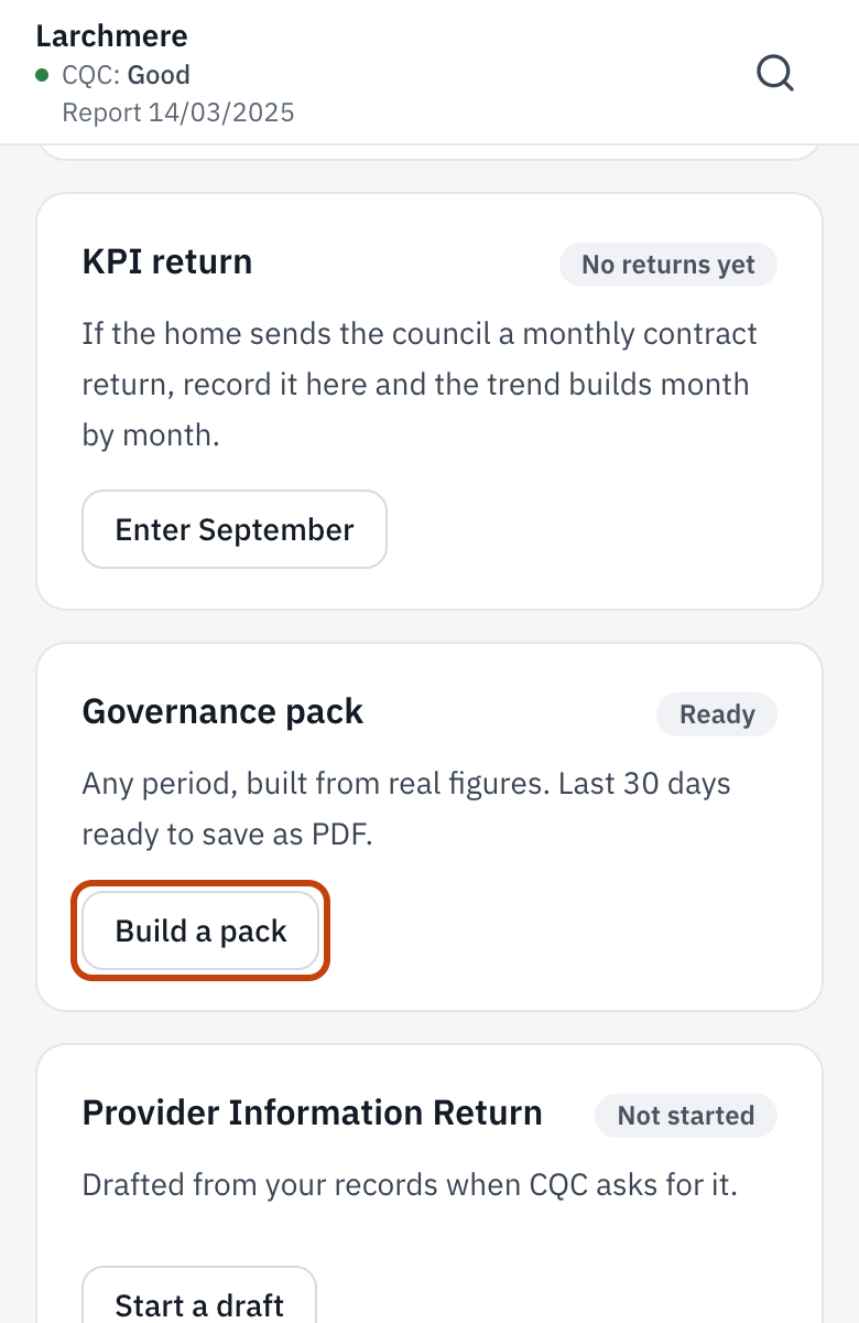 Reports, with Build a pack outlined on the governance pack.
