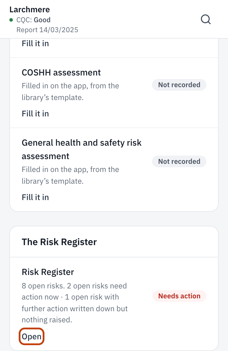 The Risk assessments screen: the formal assessments, then the Risk Register with its Open button outlined.