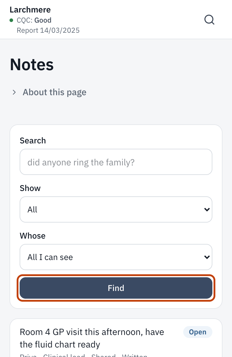 The Notes page, with its search and filters.