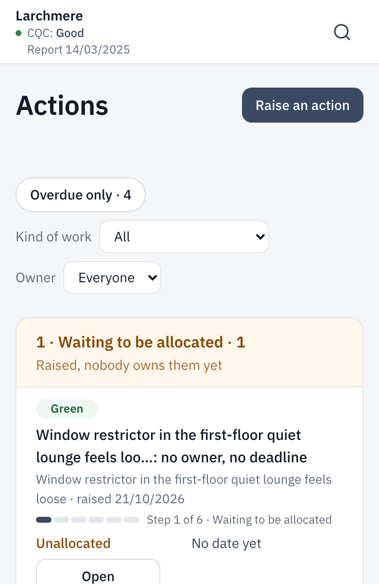 The Actions screen, grouped by where each one has got to.