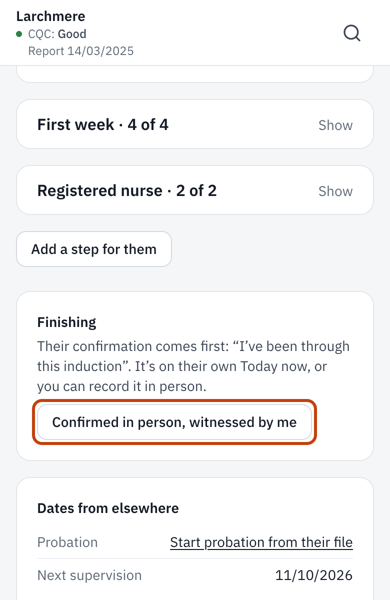 Finishing an induction: the starter’s confirmation, then Mark induction complete.