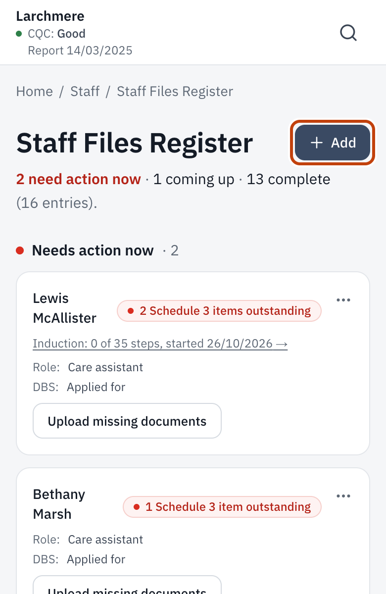 The Staff Files Register, with Add a staff file.