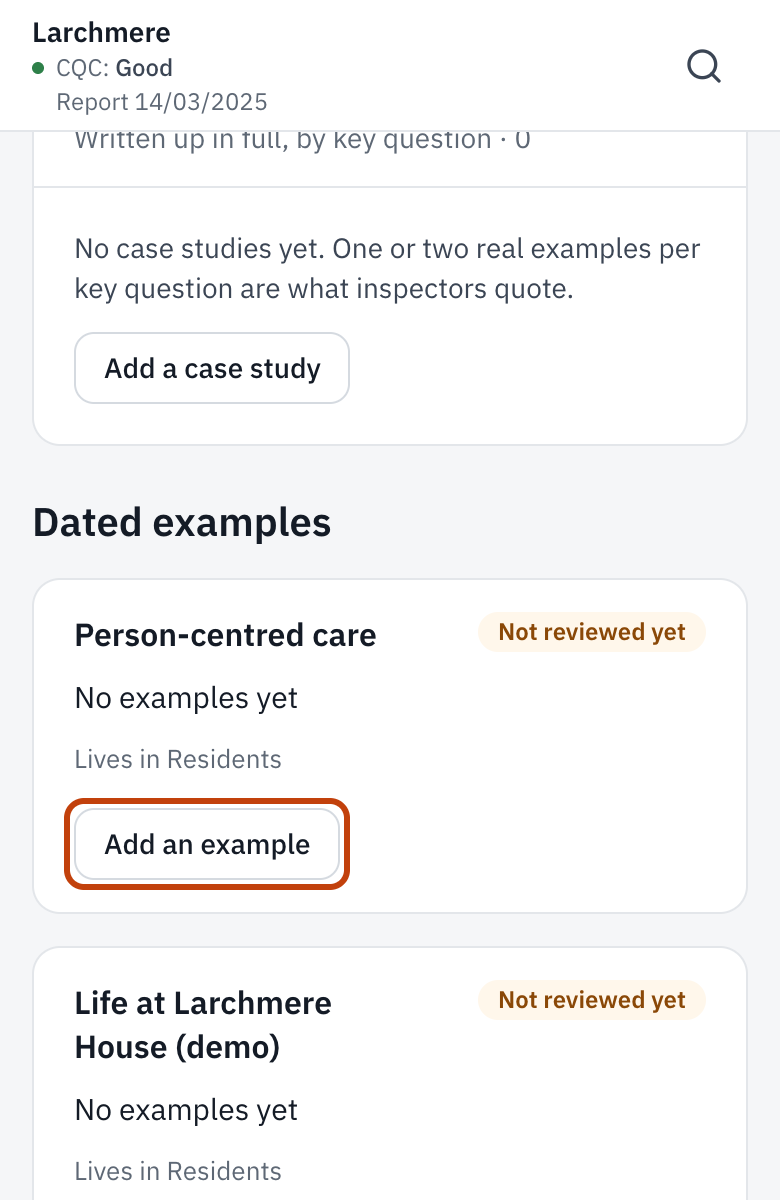 Your examples, with Add an example outlined.