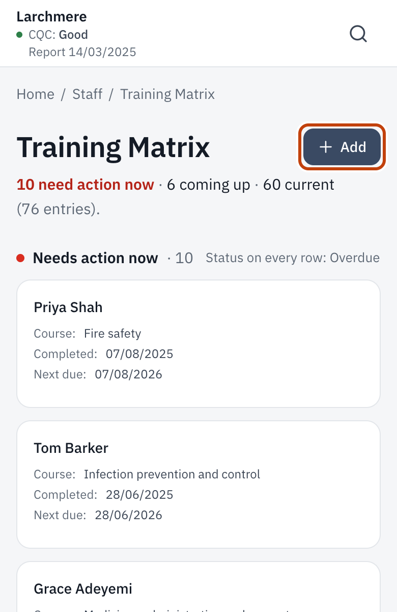 The Training Matrix, with Add training record.