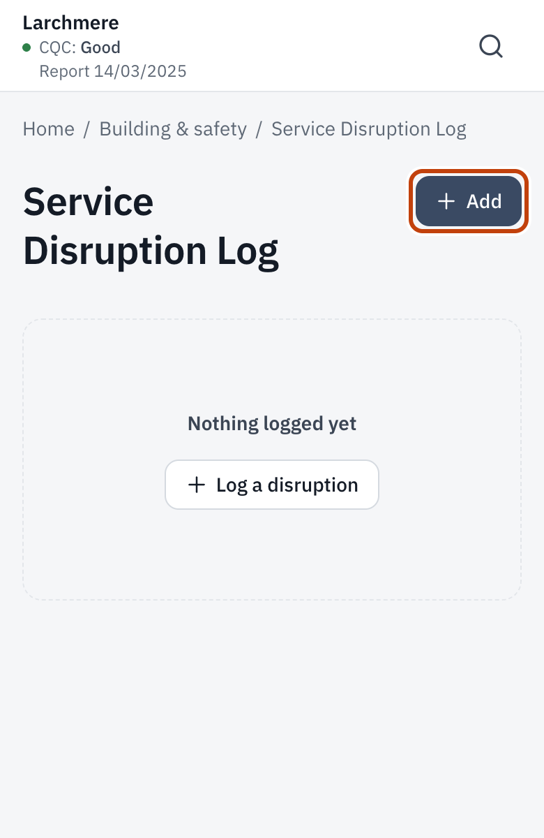 The Service Disruption Log, with Log a disruption.
