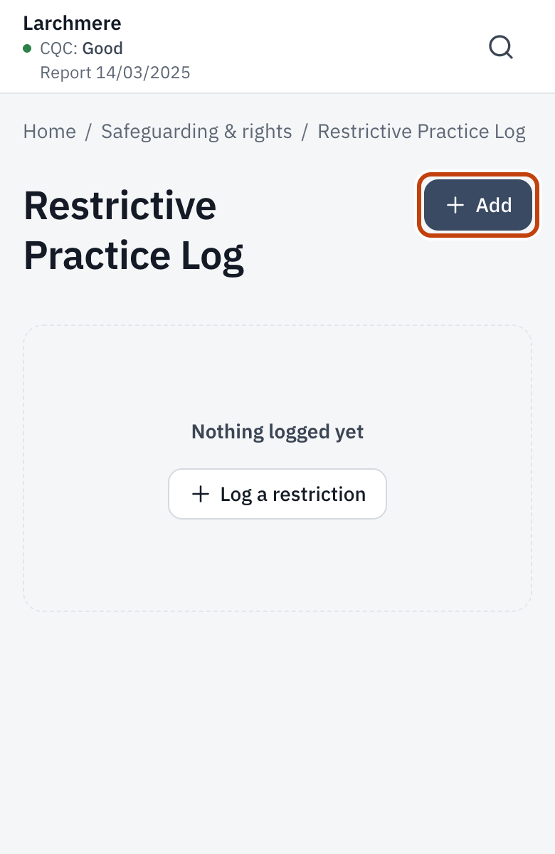 Restrictive Practice Log, with Log a restriction.