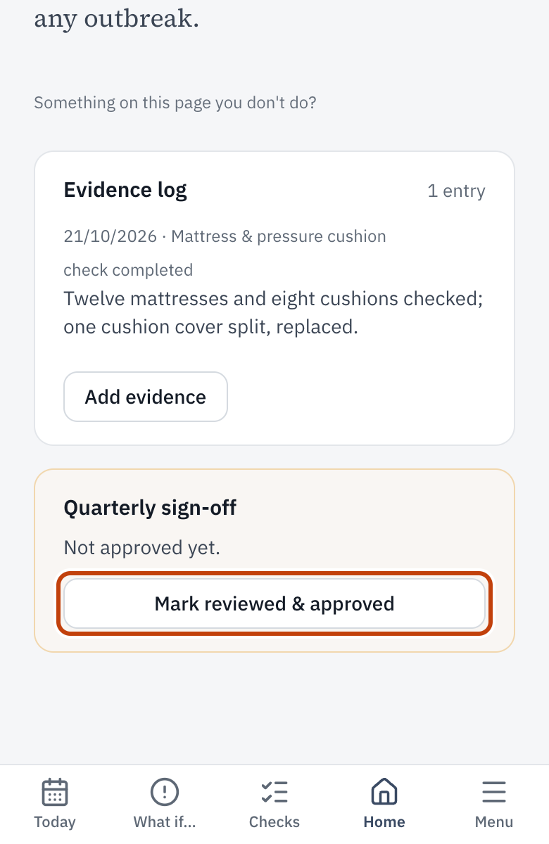An evidence page, with Mark reviewed & approved outlined in its Quarterly sign-off.