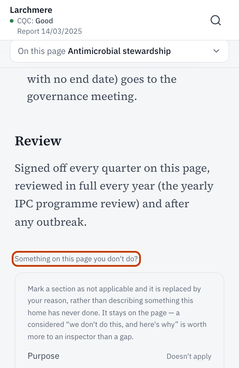 The foot of an evidence page, with the list of sections and Doesn’t apply beside each.