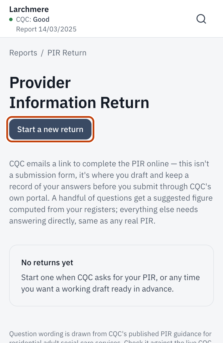 PIR Return, with Start a new return outlined.