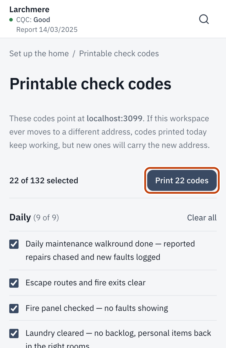 Printable check codes, with the Print button outlined.
