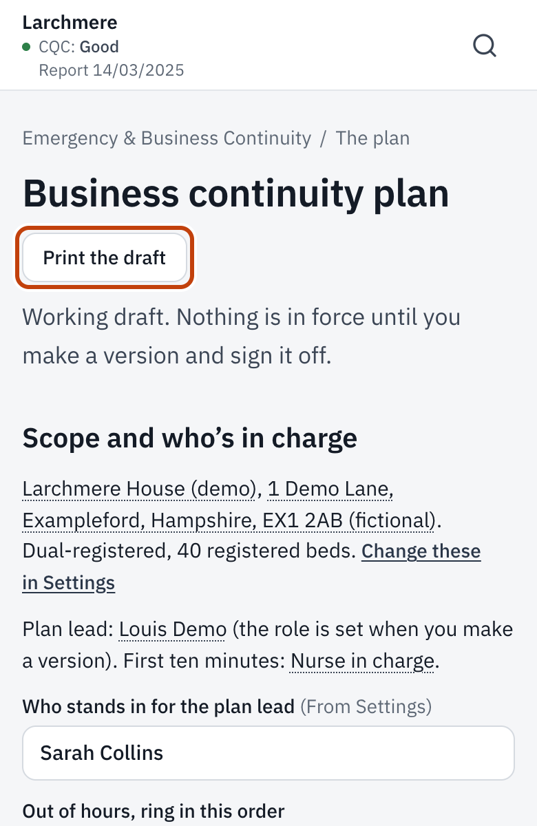 The continuity plan, with Print the draft at the top.